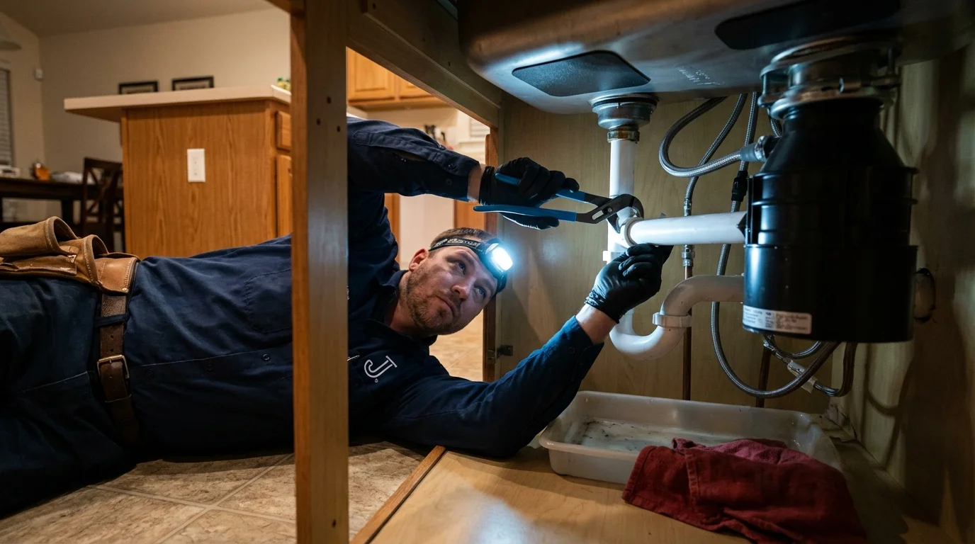 P-trap and supply line connections under a kitchen sink showing a common leak point in Ashland, OH